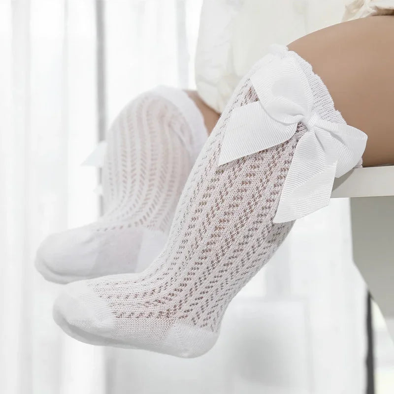 Calcetines hasta la rodilla para bebé de 0 a 36M, calcetines largos hasta la rodilla de malla de algodón con lazo grande para niño pequeño, calcetines largos de princesa para niña 2025