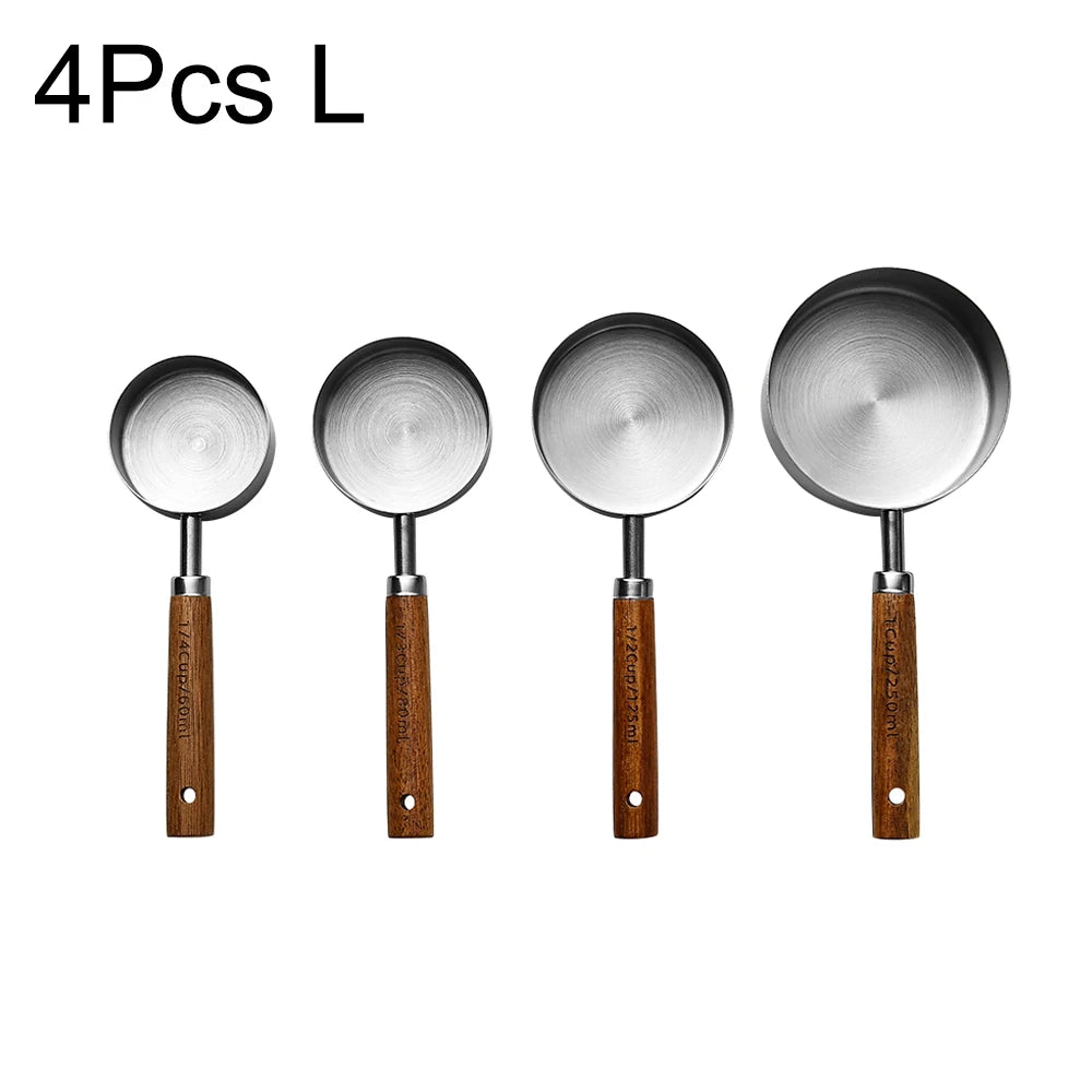 Mango de madera dorado, tazas medidoras de acero inoxidable, cucharas, herramientas para hornear, juego de cucharas medidoras de café, accesorios de báscula para barman