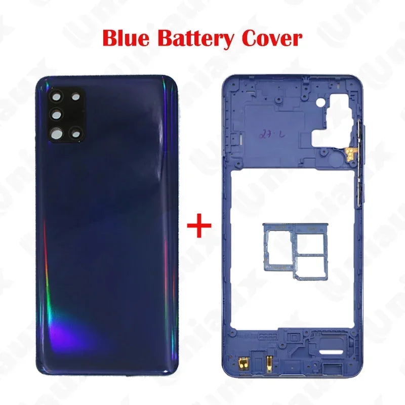 Para Samsung Galaxy A31 A315F A315G A315N A315 carcasa completa marco medio A31 cubierta trasera de batería puerta trasera con reemplazo adhesivo