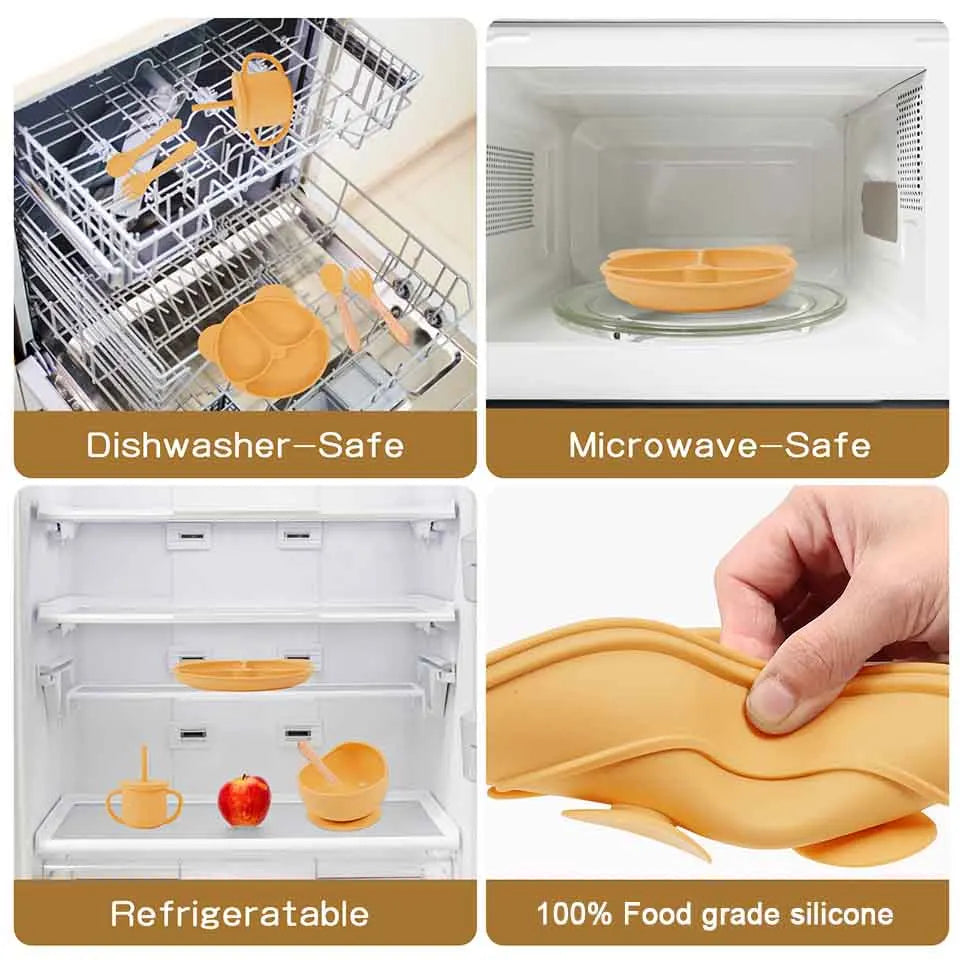 Juego de alimentación de silicona para bebé, plato de comedor redondo, cuenco con ventosa, platos para niños, vajilla con nombre personalizado, taza de paja, 8 Uds.
