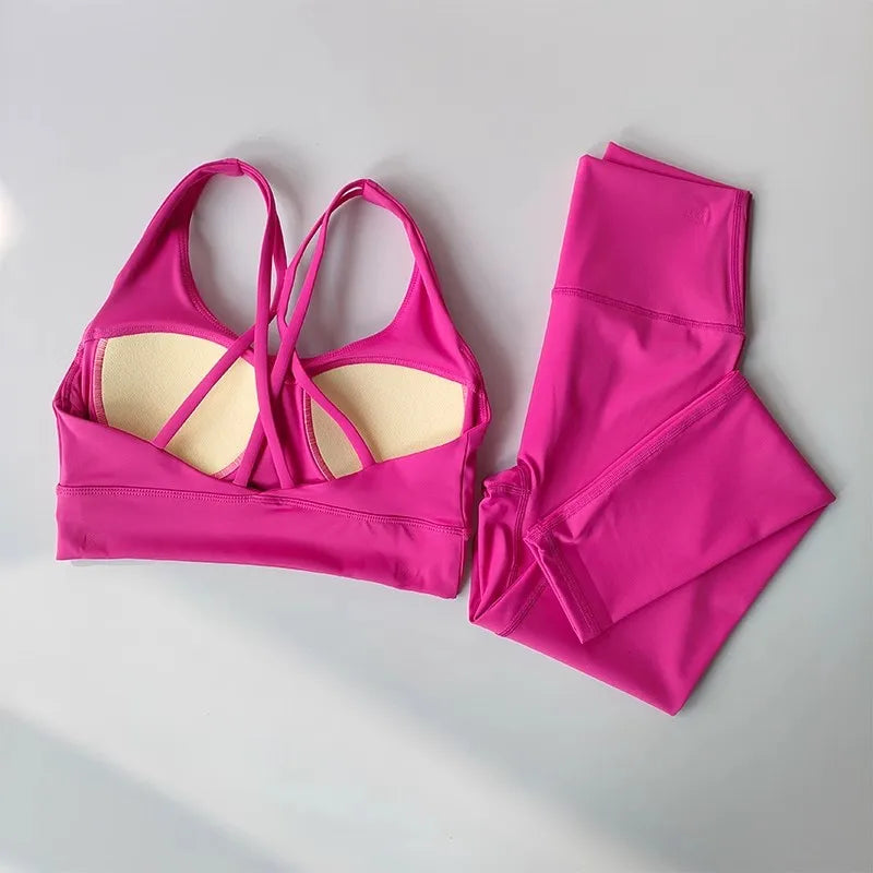 Conjunto de Yoga transpirable para mujer, traje deportivo de 2 uds, ropa de gimnasio, ropa de entrenamiento, Top corto de gimnasia, Legging de cintura alta, conjunto de sujetador de Fitness, trajes deportivos