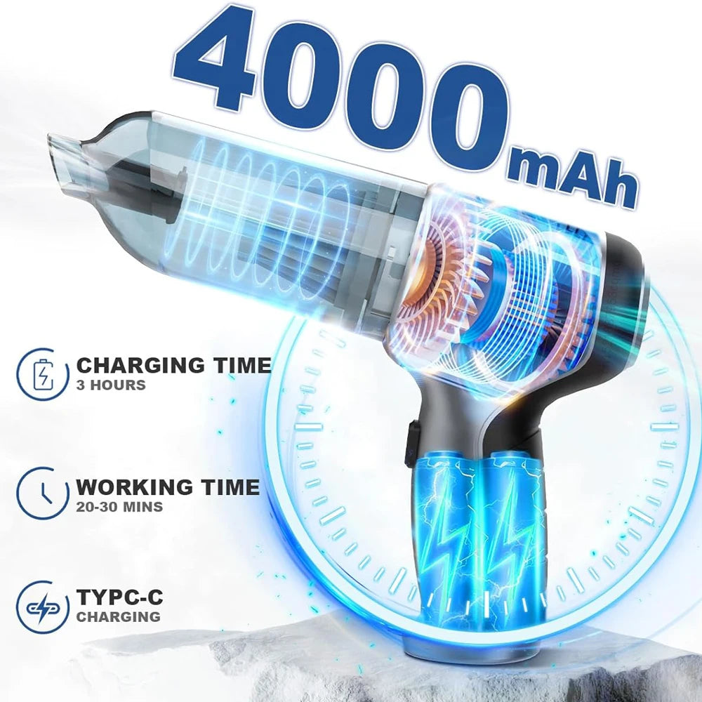Aspirador de coche inalámbrico portátil, Mini limpiador de mano de succión fuerte de 95000PA, soplador de alta potencia para el hogar y el coche