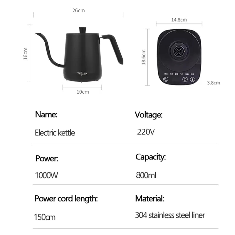 Hervidor Eléctrico de Cuello de Cisne de 800ml, Cafetera para Preparación Manual, Termo, Tetera de Acero Inoxidable 304, Jarra de Agua Inteligente con Control de Temperatura
