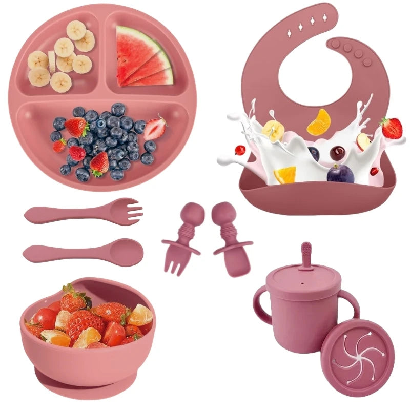 Juego de alimentación de bebé de silicona sin BPA, cuenco con ventosa, plato de comedor, taza de paja, cuchara, tenedores para niños, vajilla para bebés, platos para niños