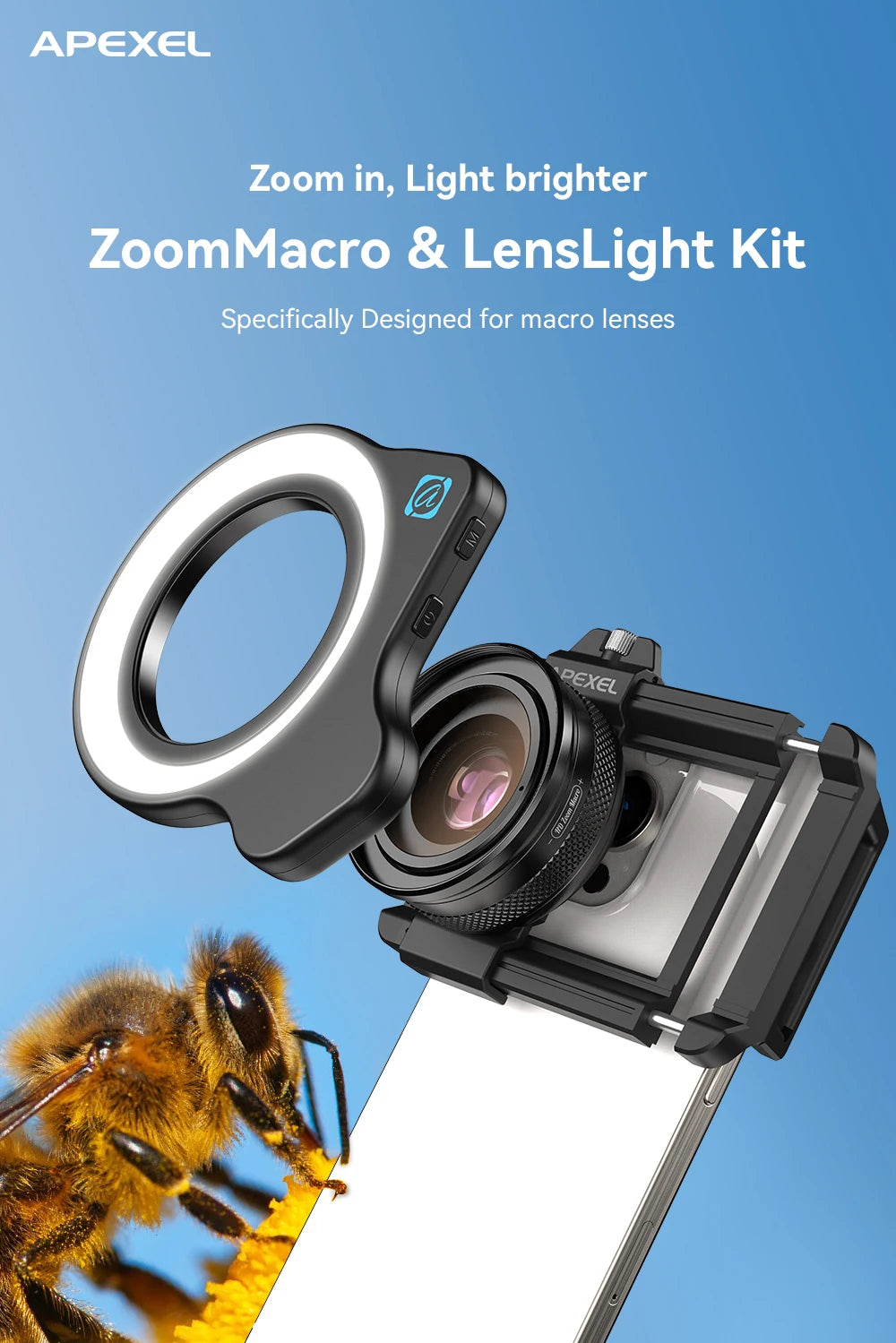 APEXEL 10-20X Zoom Macro lente HD Micro lentes de cámara de teléfono con luz de relleno LED para iPhone Samsung todos los teléfonos inteligentes Macro de pestañas