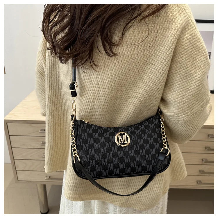 Bolso retro francés para axila, bolso de un hombro con estampado de letras y cadena cuadrada cruzada diagonal para mujer