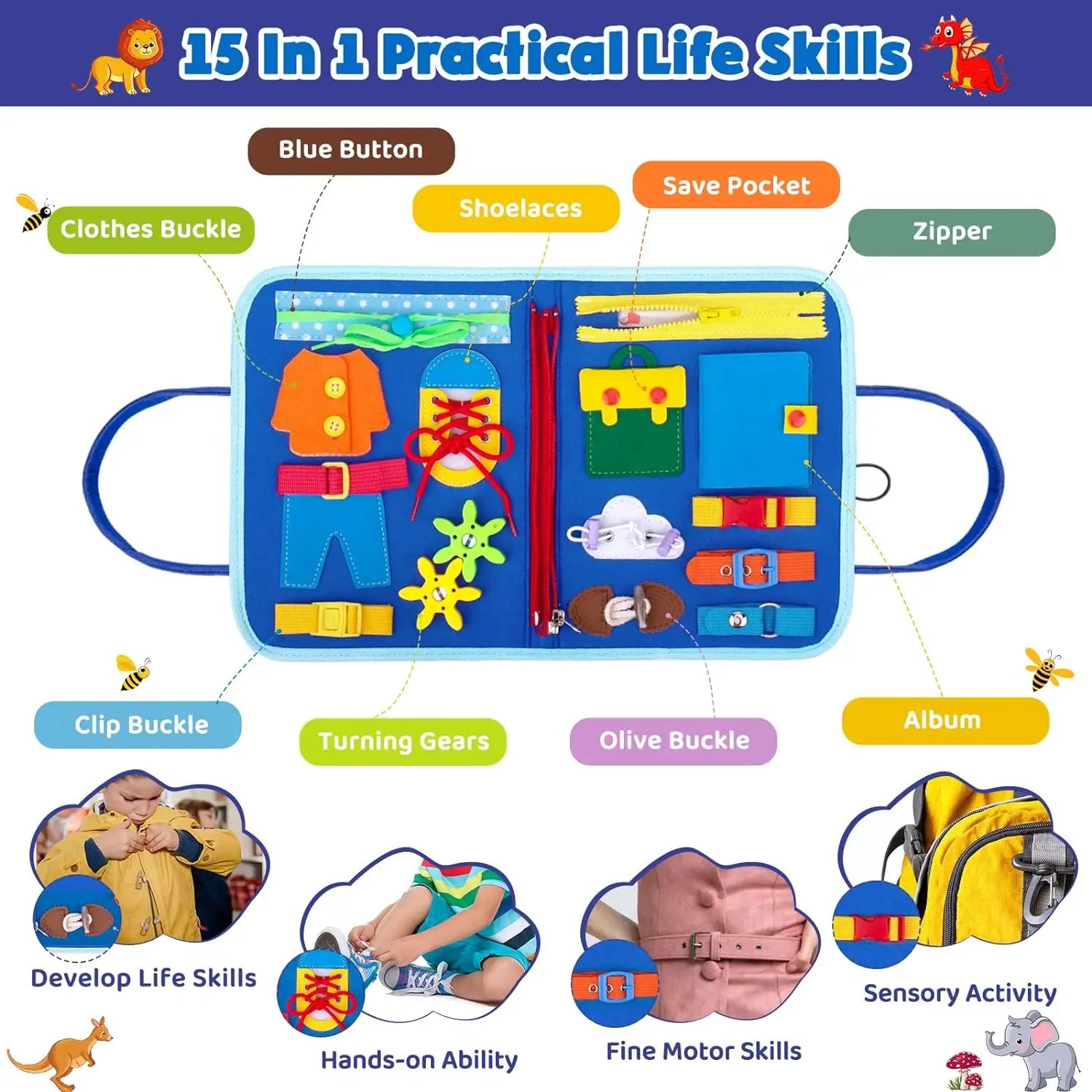 Juguetes Montessori, tablero ocupado, tablero de desarrollo de actividades sensoriales para niños pequeños para habilidades motoras, juguetes educativos de actividades de viaje