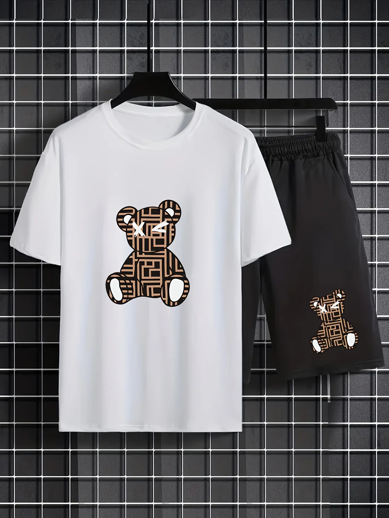 Conjunto Deportivo Casual de Verano para Hombre, Estilo Holgado, Moderno, con Estampado de Grafiti, Cuello Redondo, Manga Corta, Dos Piezas con Pantalones Cortos