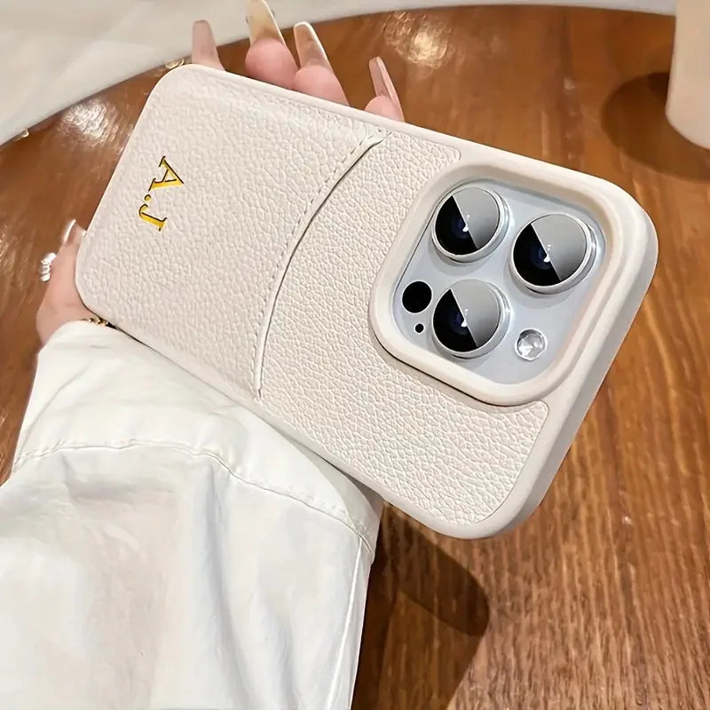 Funda personalizada con nombre inicial para iPhone 12, 13, 14, 15 16 Pro Max, bolsa de cuero de lujo con ranura para tarjetas, funda con patrón de lichi