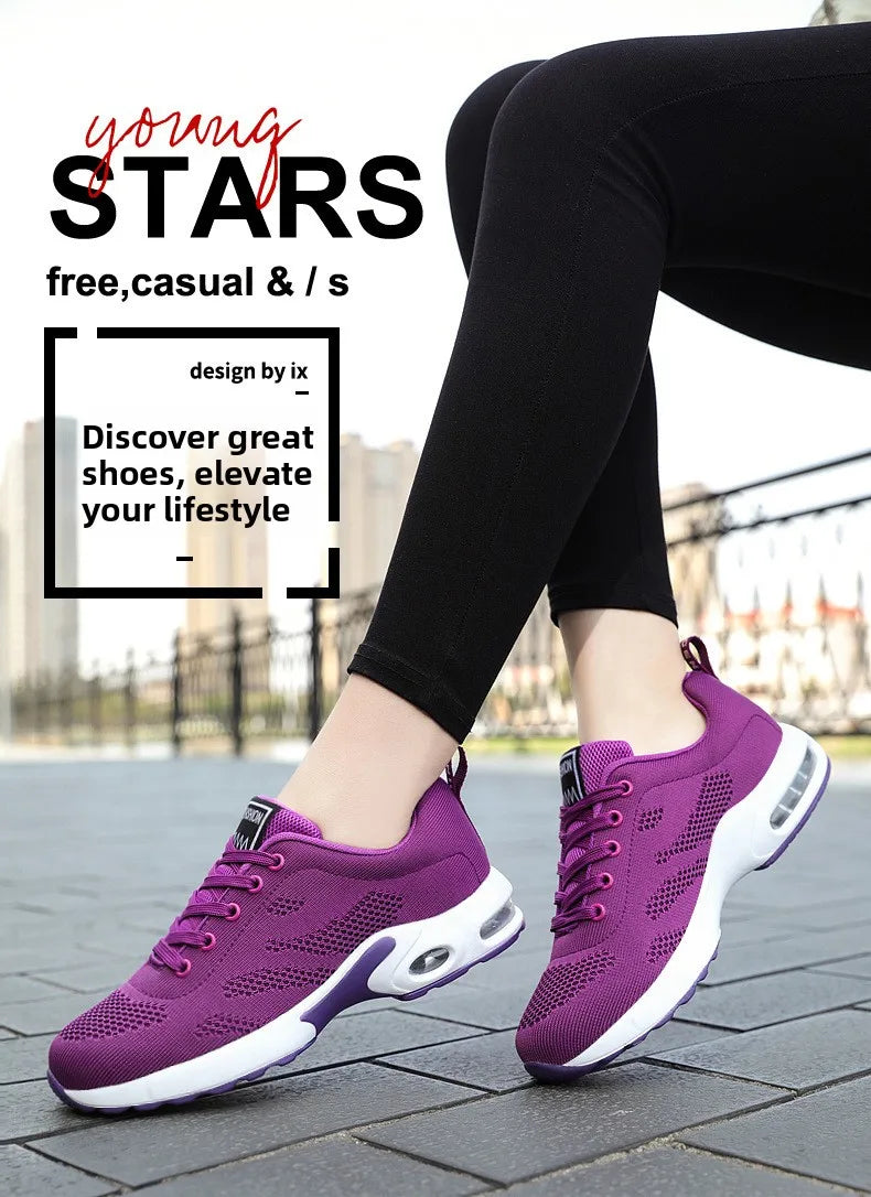 Zapatos deportivos transpirables con amortiguación de aire para mujer, zapatillas informales con cordones cruzados y tacón plano con punta redonda de estilo coreano