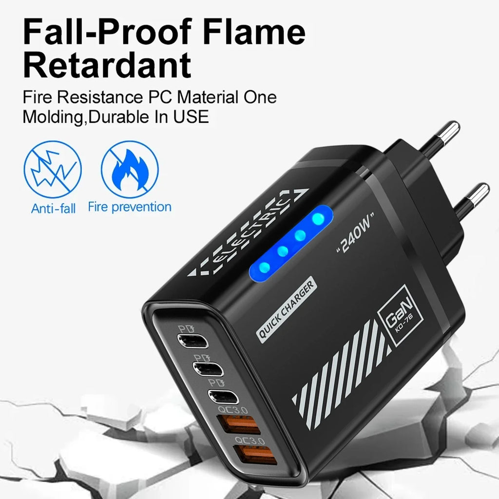 Cargador Rápido de Teléfono de 240W, Enchufe US/EU, QC3.0 PD USB, 5 Puertos, Cabezal de Carga GaN con Luz LED para iPhone 17 16, Samsung, Huawei