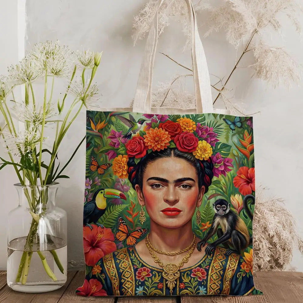 Bolsos de Almacenamiento Art F-Frida Kahlo, Bolso Tote de Lona con Estampado a Doble Cara, Bolso de Hombro de Gran Capacidad para Mujer