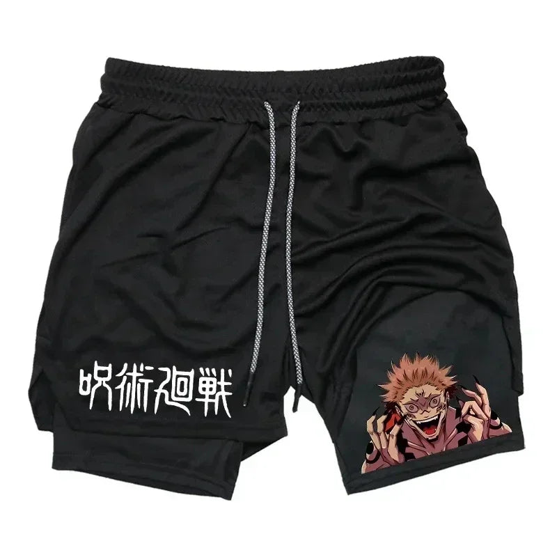 Pantalones cortos deportivos para hombre Jujutsu Kaisen Anime Graphic 2 en 1 pantalones cortos de compresión para hombre pantalones cortos de rendimiento de gimnasio de secado rápido atléticos