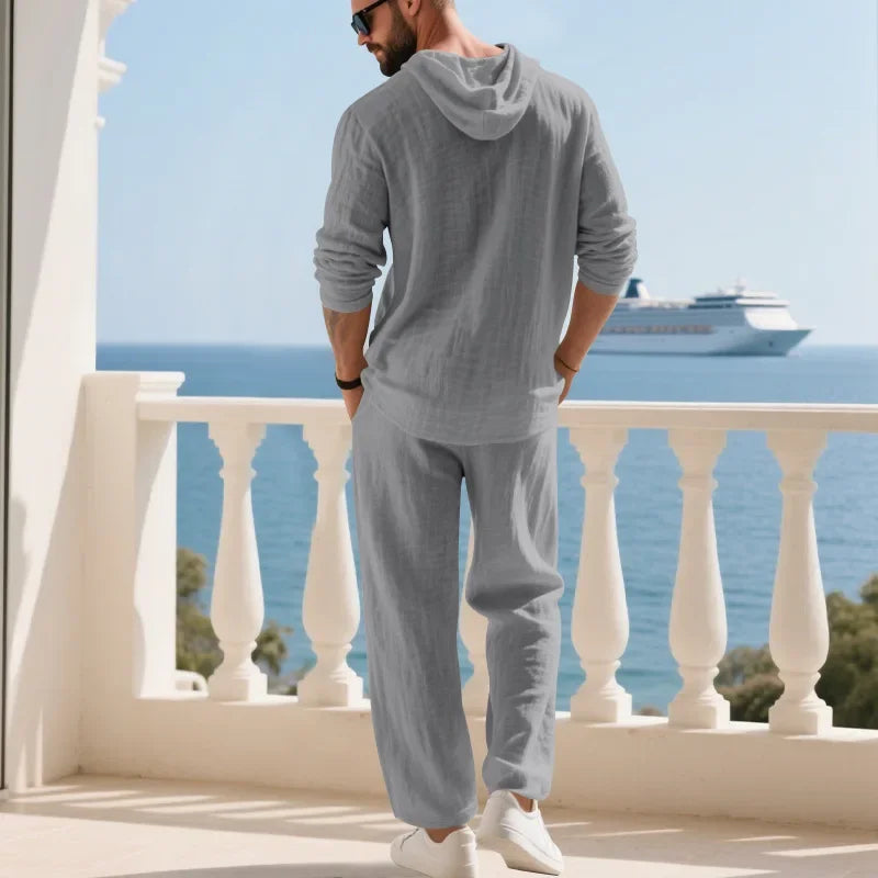 Conjunto informal holgado de lino para hombre, camisa Henry de manga larga y pantalones largos, conjunto cómodo y transpirable a la moda para otoño 2025