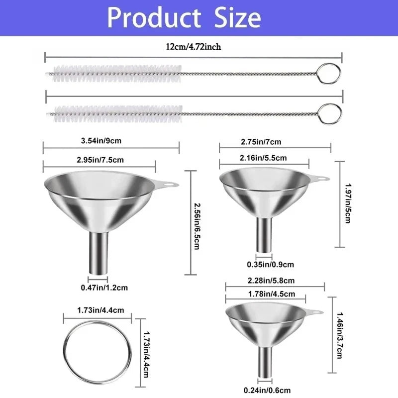 Juego de embudos de acero inoxidable, embudos metálicos de calidad alimentaria con cepillo de limpieza para llenar botellas, herramienta de filtro de aceite y líquido de cocina, 3 uds.