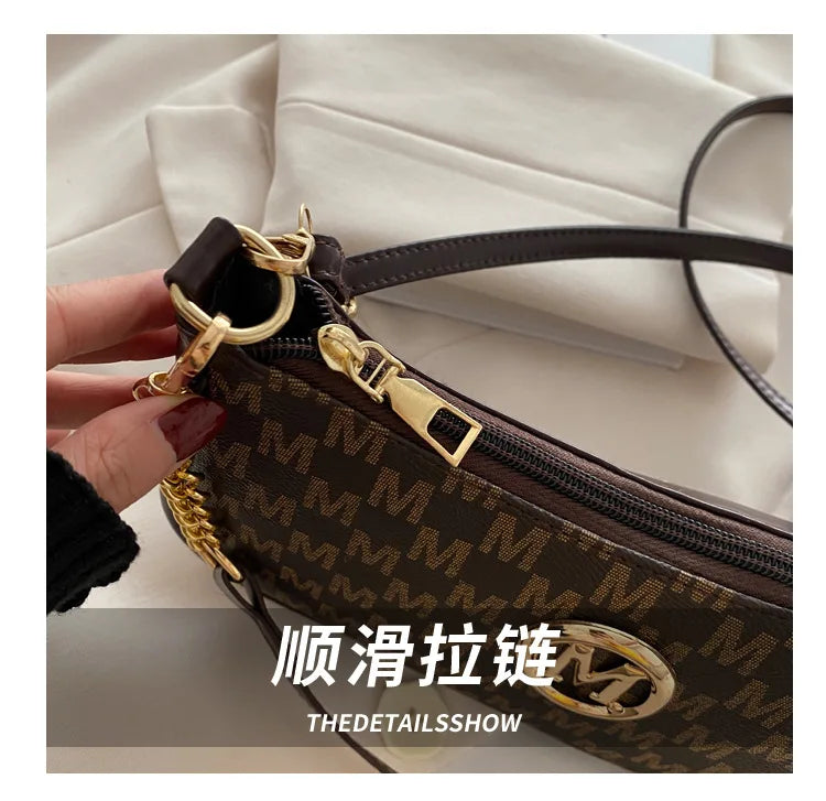 Bolso retro francés para axila, bolso de un hombro con estampado de letras y cadena cuadrada cruzada diagonal para mujer