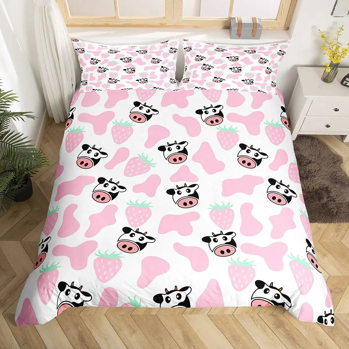Juego de funda nórdica con estampado de vaca, edredón de poliéster con dibujos de animales, vaca, garabatos, granja, tamaño doble, Queen y King