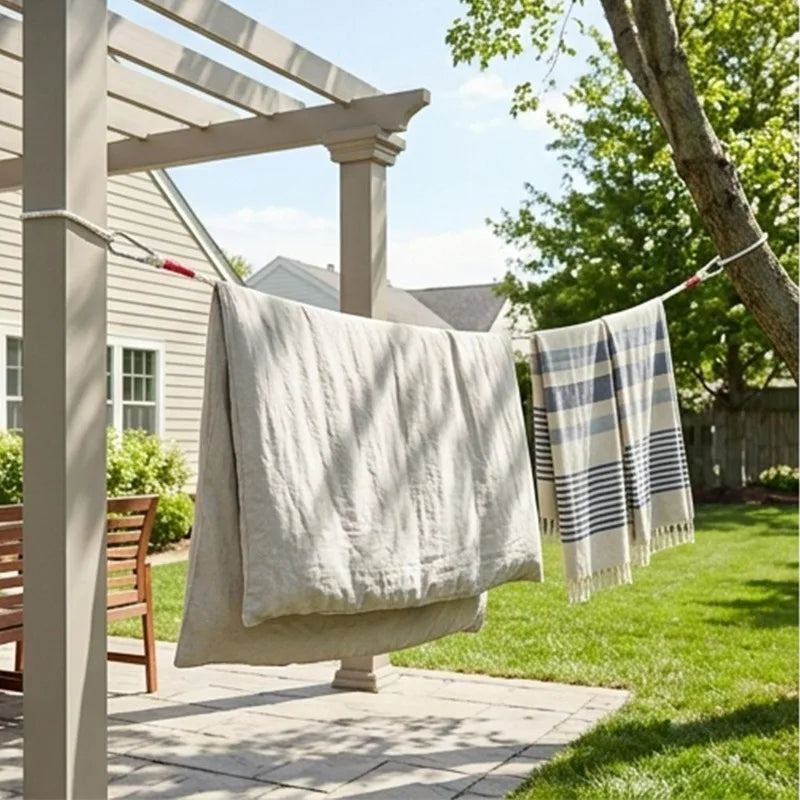 Cuerda de lavandería portátil a prueba de viento con núcleo de alambre de acero para secar ropa, ideal para camping y viajes al aire libre, con doble mosquetón.