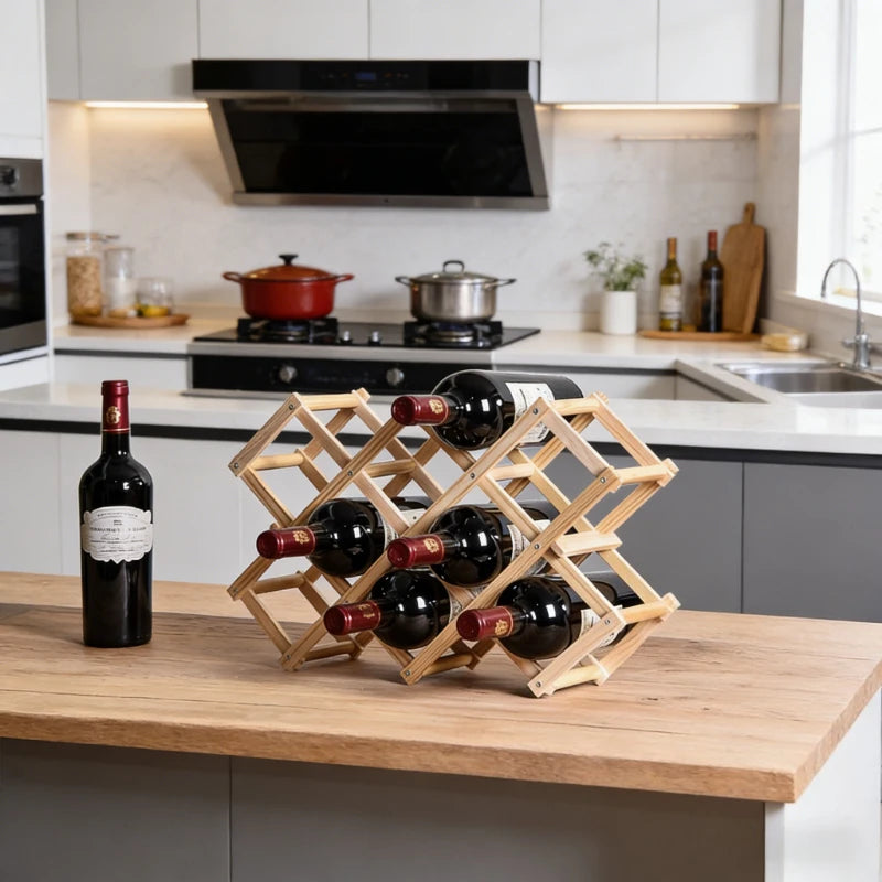 Estante de Madera Plegable para Almacenamiento de Vino, para 3-10 Botellas, Fácil de Montar, Apilable, para Organización del Hogar, Bar, Cocina o Bodega