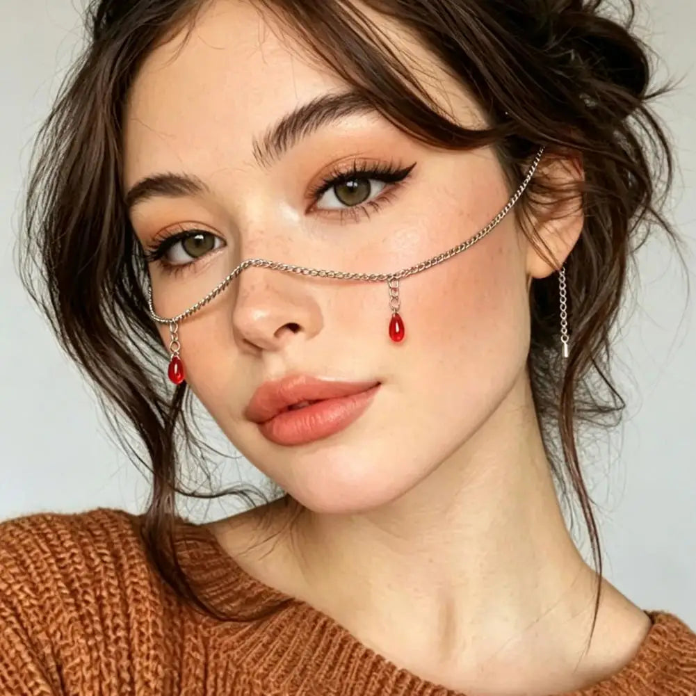Cadena Facial con Colgante de Gota de Agua Roja, Luster Metálico, Accesorio Multiusos para el Cabello y la Cara, para Fiestas, Sesiones de Fotos, Joyería de Estilo Exótico