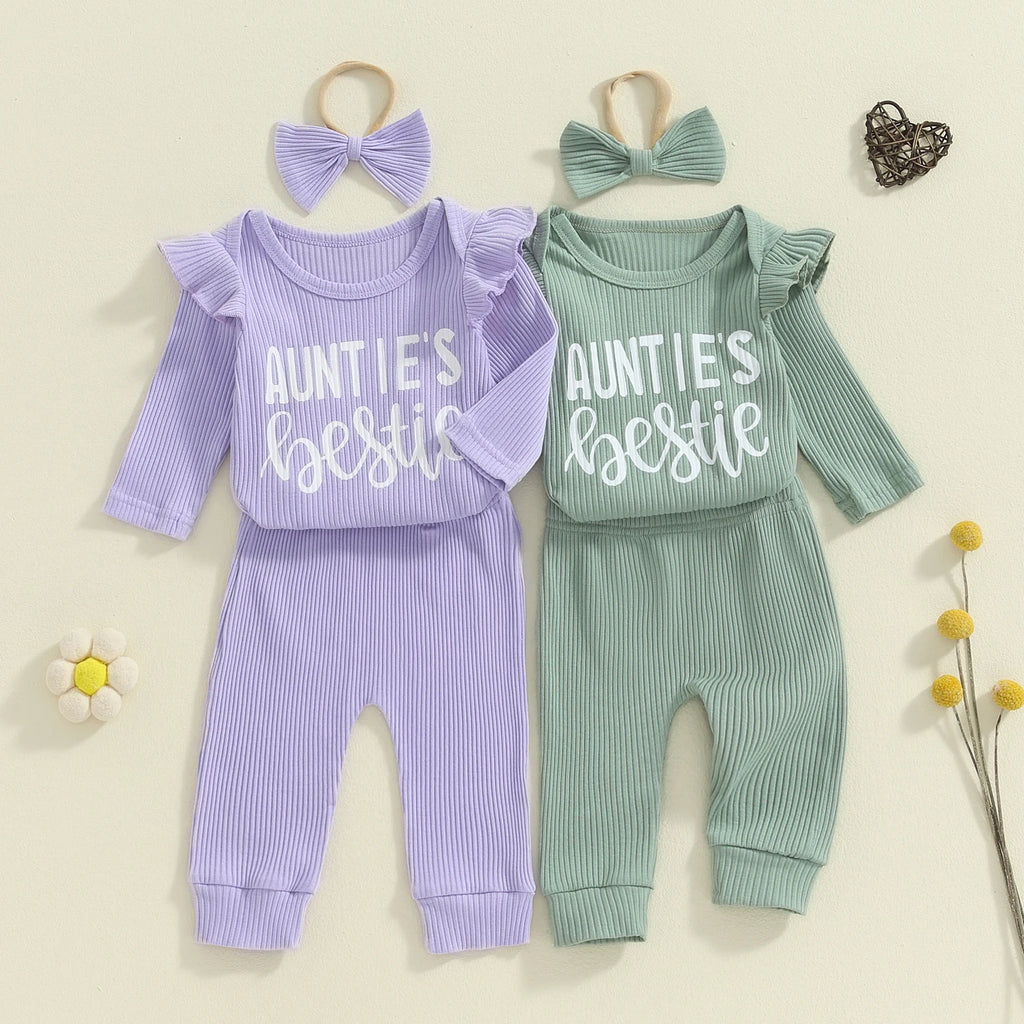 Conjunto de 3 piezas para niñas de 0 a 12 meses, pelele con volantes y manga larga con estampado de letras, Tops, pantalones largos, trajes con banda para el pelo