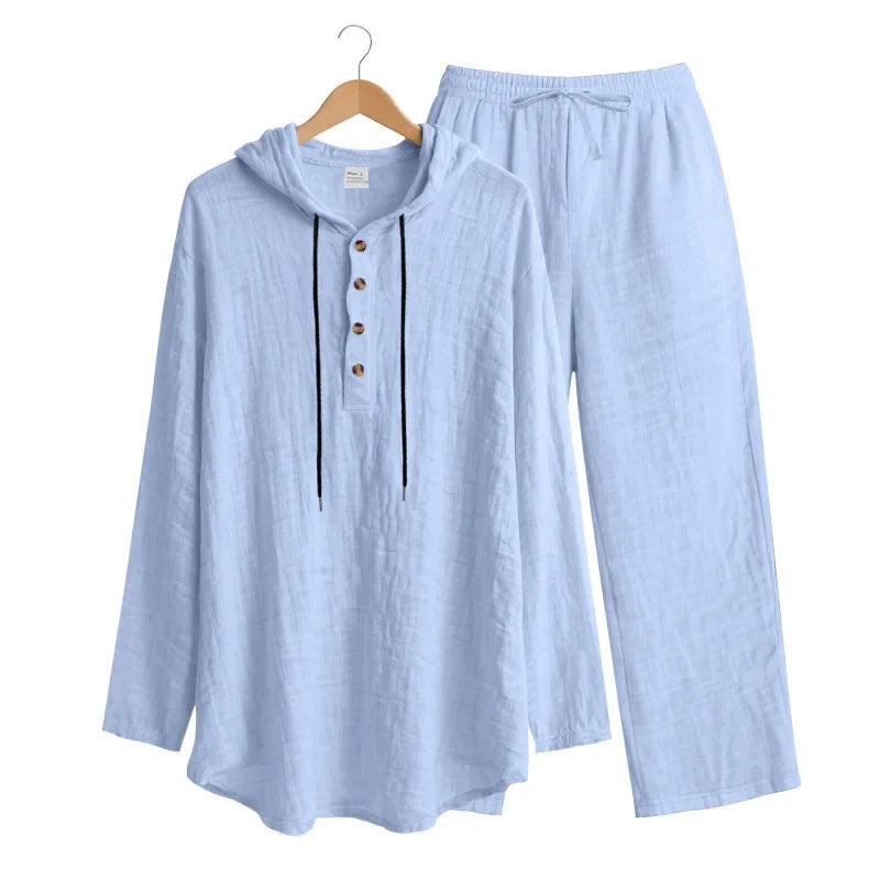 Conjunto informal holgado de lino para hombre, camisa Henry de manga larga y pantalones largos, conjunto cómodo y transpirable a la moda para otoño 2025