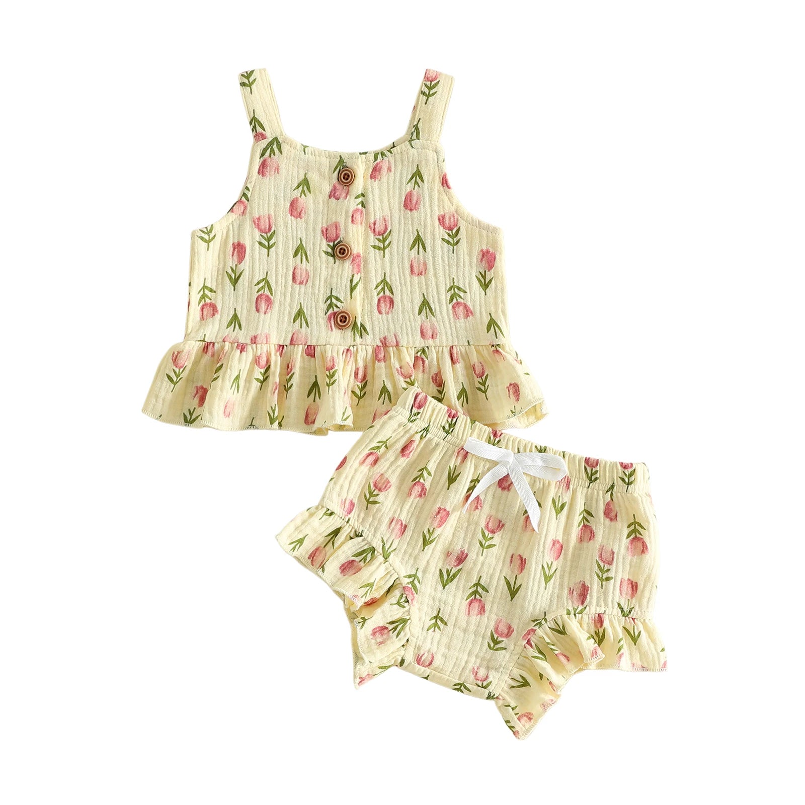 Lioraitiin Conjunto de verano para niñas con estampado floral de tulipanes, sin mangas, cuello cuadrado, camisetas sin mangas, pantalones cortos elásticos con volantes, conjunto de 2 piezas