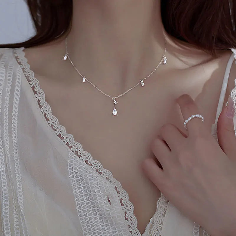 Nuevo collar de gota de plata de ley 925 con colgante de circón brillante, cadena de clavícula con borla, joyería de boda, regalo de dama de honor