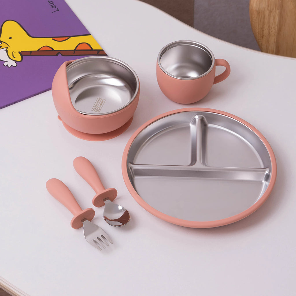 Juego de alimentación de bebé con plato de platos de acero inoxidable, cuenco con ventosa de silicona desmontable, sin BPA, tenedor infantil, cuchara, regalos, 5 uds.