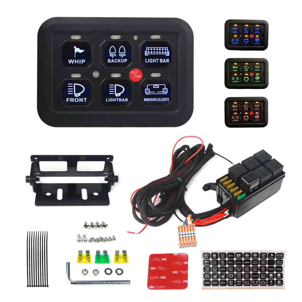 Panel de interruptor LED de 12V y 6 entradas, caja de sistema de relé de Control de circuito de 600W-1200W, Panel de Control táctil delgado para barco, Jeep, UTV, caravana