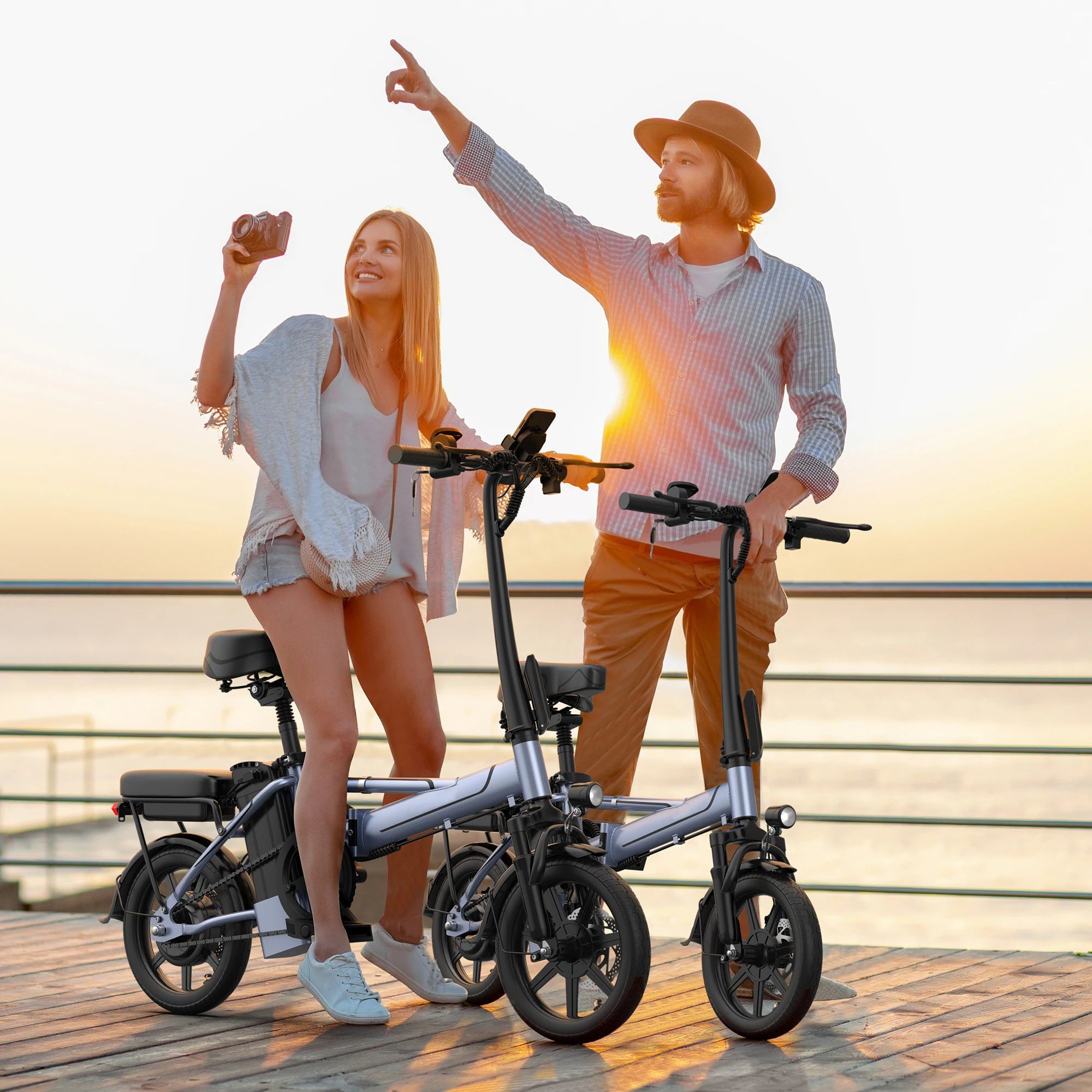 Bicicleta Eléctrica Plegable E14 de 500W para Adultos, 22MPH, 38 Millas, 14 Pulgadas, con Cuadro Plegable y Cesta Trasera, Bicicleta Eléctrica Urbana, Stock en la UE
