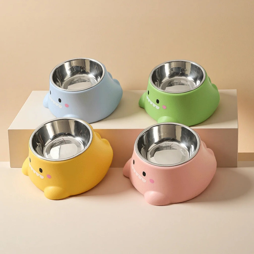 Dinosaurio de dibujos animados 15 °   Cuenco inclinado para mascotas: plato elevado de acero inoxidable con soporte para el cuello: comedero divertido y bonito para gatos y cachorros