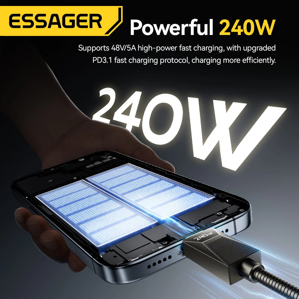Essager-Cable tipo C de carga súper rápida de 240W, Cable de datos de acero inoxidable de carga rápida de 100W 5A para Macbook iPad iPone 16 15 Pro Max