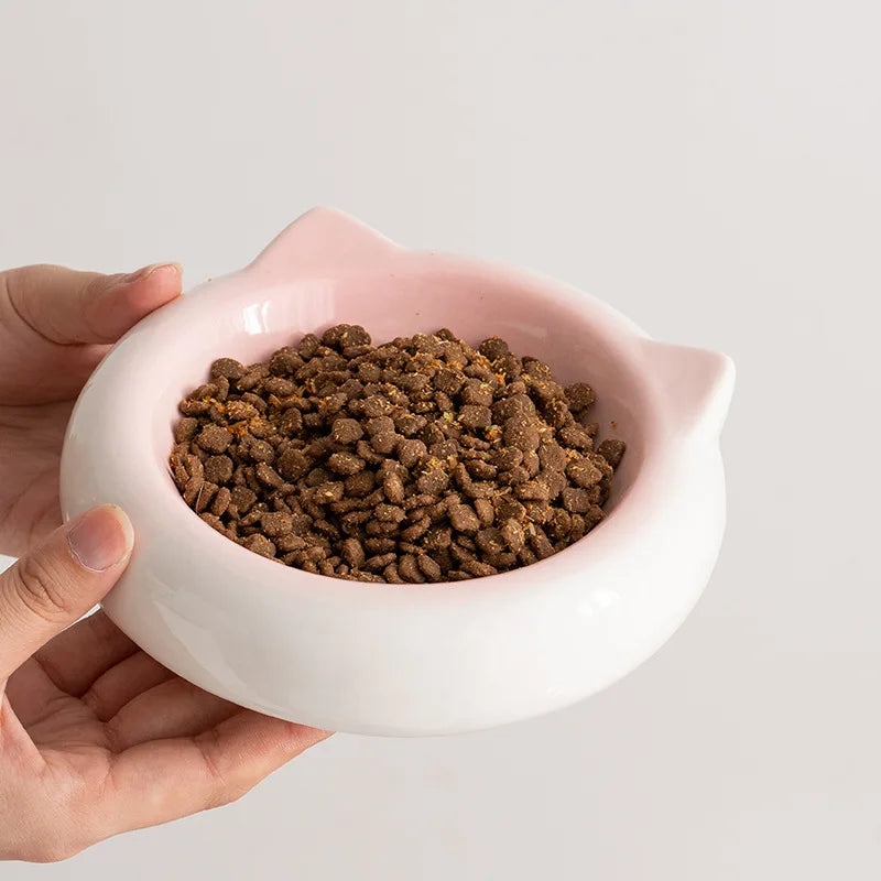 Cuenco de comida con forma de oreja de gato de fondo plano de cerámica creativo, plato de comedor, suministros antisuciedad para mascotas, cuenco para beber