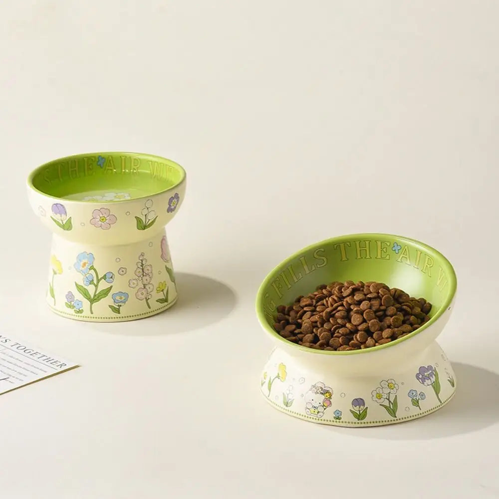 Tazón de cerámica verde duradero para gatos, tazón antideslizante con diseño de conejo y flores, tazón elevado diagonal para beber y alimentar.