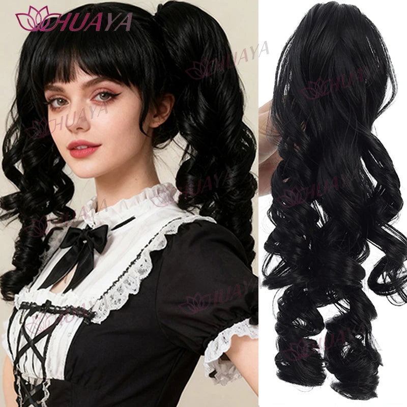 Peluca de cola de caballo sintética con clip grande de 16 pulgadas para mujer, estilo rizado romano, juego de 2 piezas. Perfecto para uso diario, cosplay y fiestas, fácil de usar.