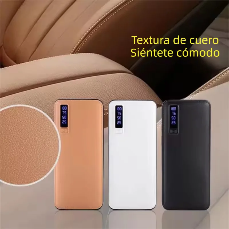 Batería portátil de 10000 mAh con textura de piel, 3 puertos USB y linterna. Disponible en varios colores.
