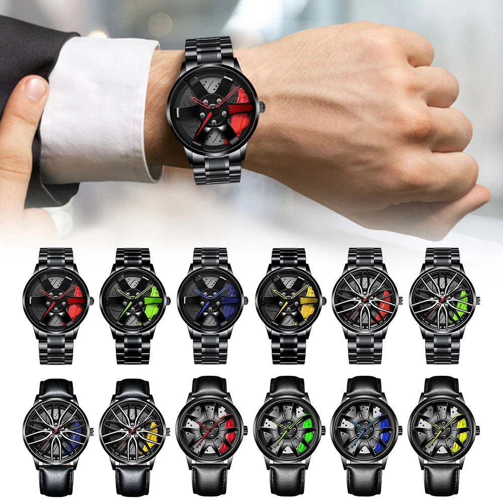 Reloj de pulsera de cuarzo para hombre, de acero inoxidable, a la moda, con esfera deportiva, llanta de coche, cubo de rueda, relojes de pulsera de lujo para negocios
