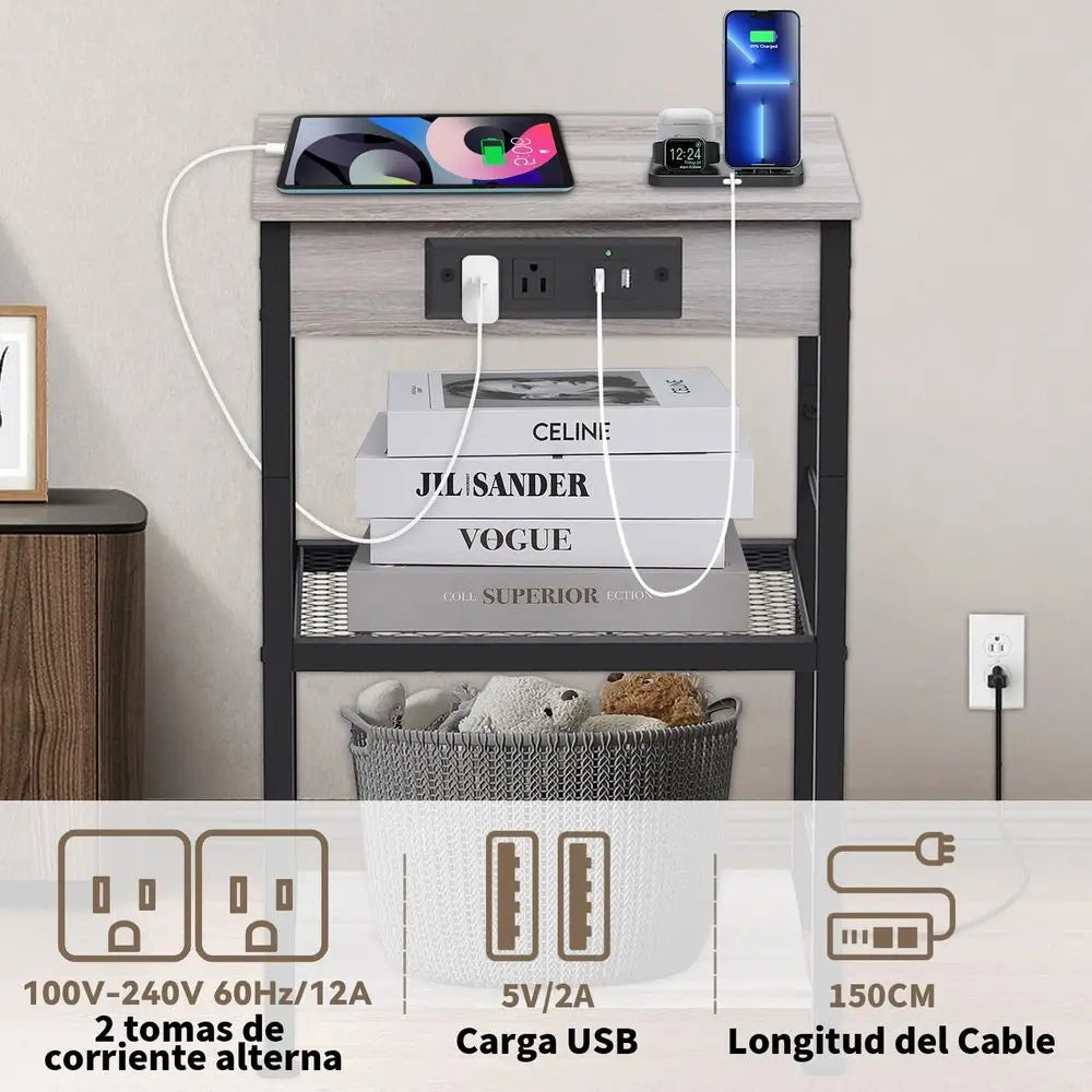 Mesa de Noche para Recámara con Estación de Carga, 2 Enchufes y 2 Puertos USB, Mesa de Noche Retro, Mueble