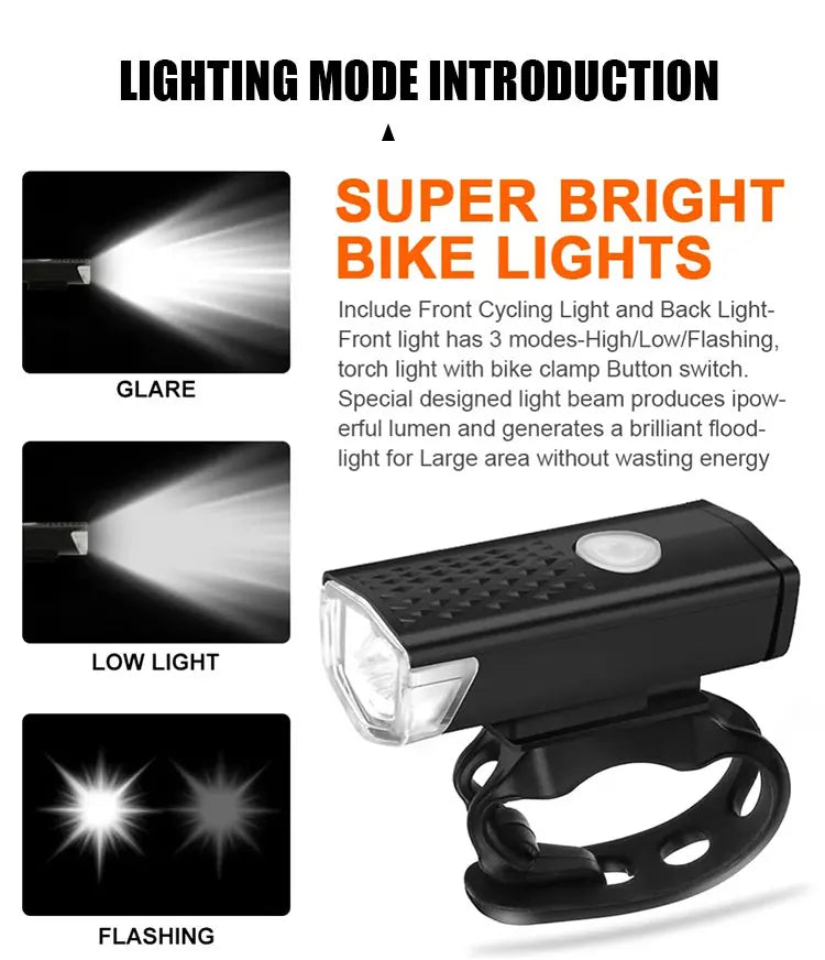 Luz delantera de bicicleta recargable por USB, luz trasera roja, fácil de instalar, 3 modos, accesorios para bicicleta