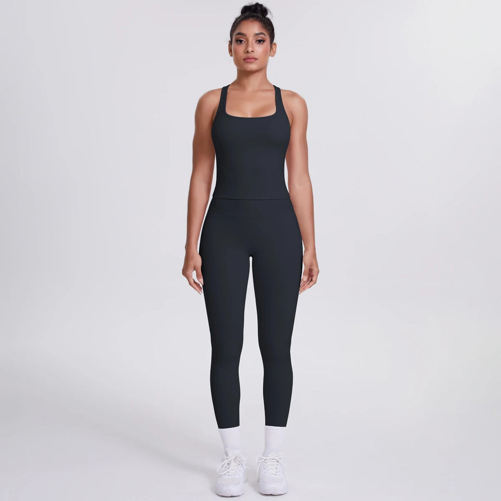 Hamidou - Conjunto de yoga de 2 piezas para mujer: leggings de fitness de secado rápido con efecto push-up y top deportivo con espalda en I de color liso.