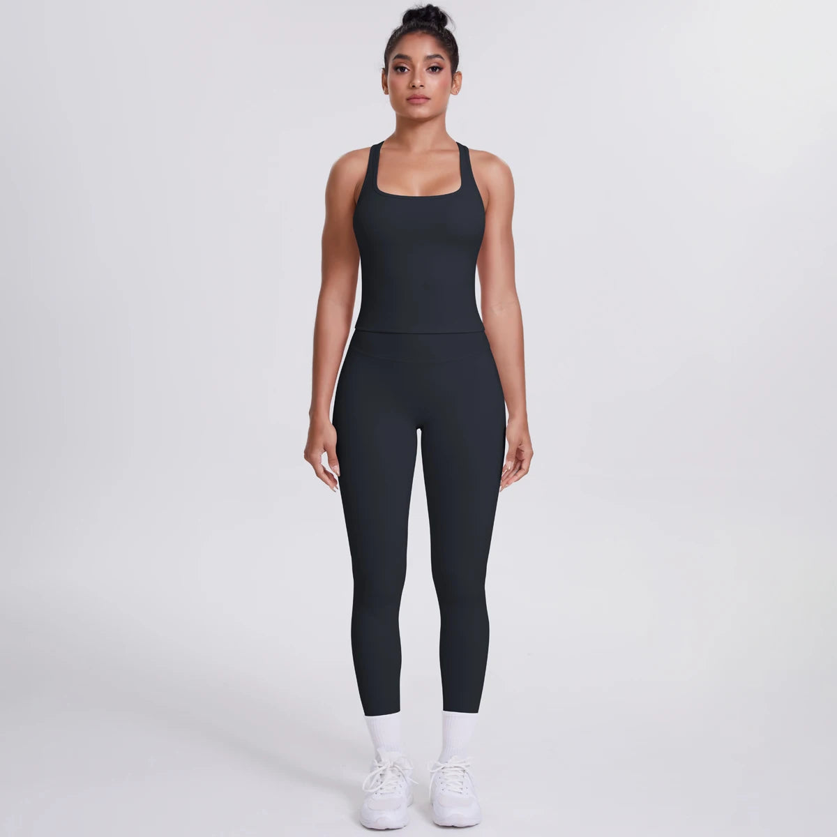 Hamidou - Conjunto de yoga de 2 piezas para mujer: leggings de fitness de secado rápido con efecto push-up y top deportivo con espalda en I de color liso.