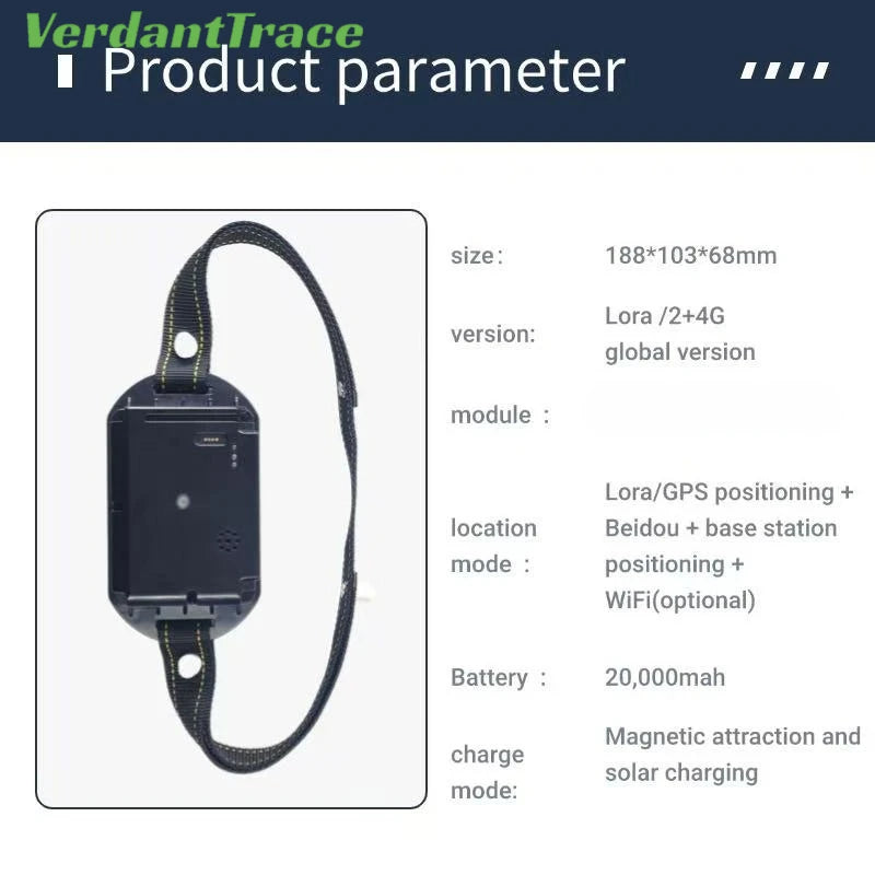 VerdantTrace 2G 4G/NB-IoT Collar GPS WIFI para Ganado, Rastreador Inteligente para Vacas y Ovejas con Carga Solar, Batería Personalizada LoRa de 20000 mAh