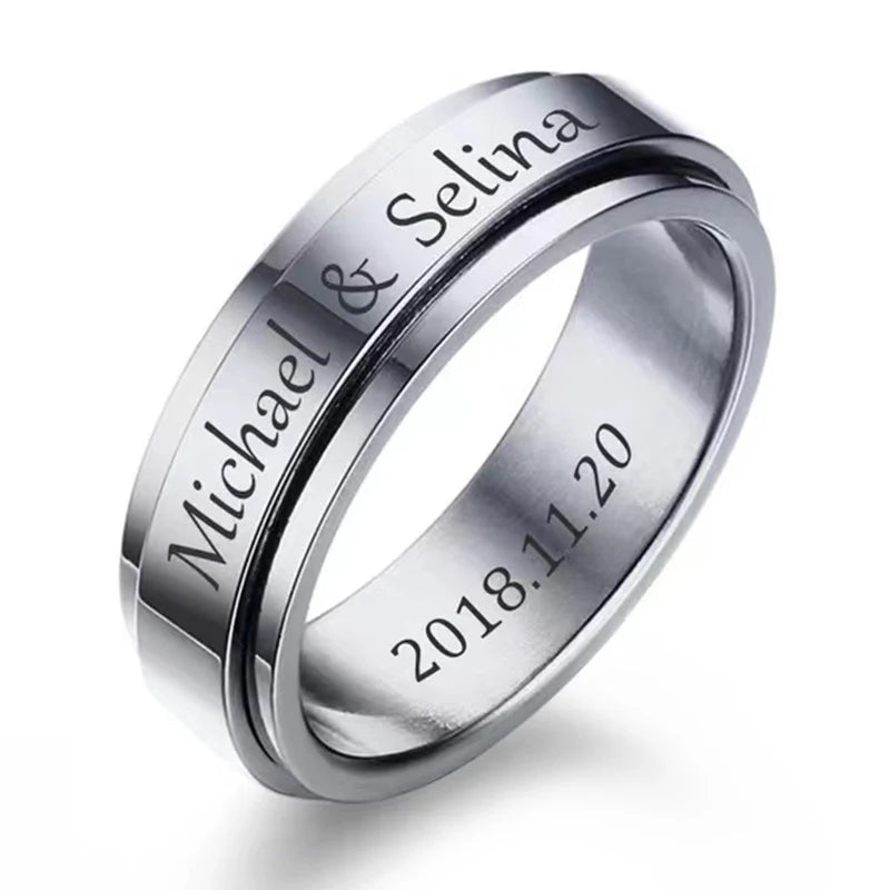 Anillo giratorio personalizado para hombres y mujeres, banda de boda giratoria de acero inoxidable de 6mm, anillo de cola masculino con inicial de fecha y nombre personalizado