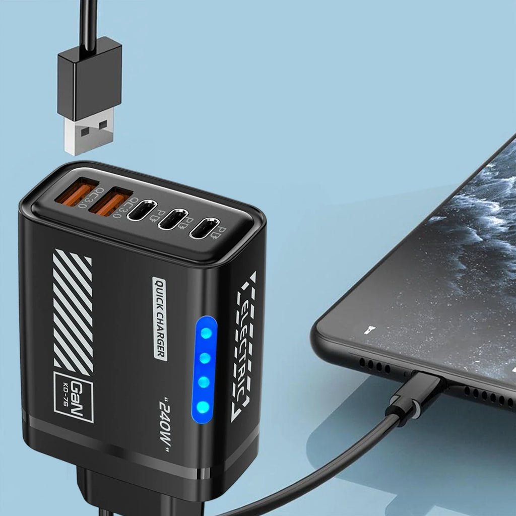 Cargador Rápido de Teléfono de 240W, Enchufe US/EU, QC3.0 PD USB, 5 Puertos, Cabezal de Carga GaN con Luz LED para iPhone 17 16, Samsung, Huawei