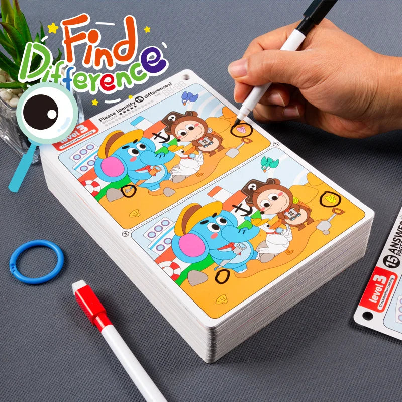 Juego de rompecabezas reutilizable Find The Difference, enfoque borrable y regrabable y entrenamiento de observación, juguete para el desarrollo del cerebro para niños