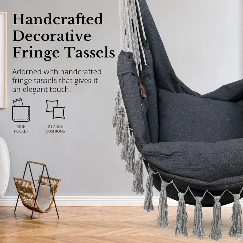 Silla Colgante de Macramé con 2 Almohadas |   Columpio de Cuerda de Algodón con Capacidad para 500 lb |   Diseño de bolsillo para uso en interiores/exteriores