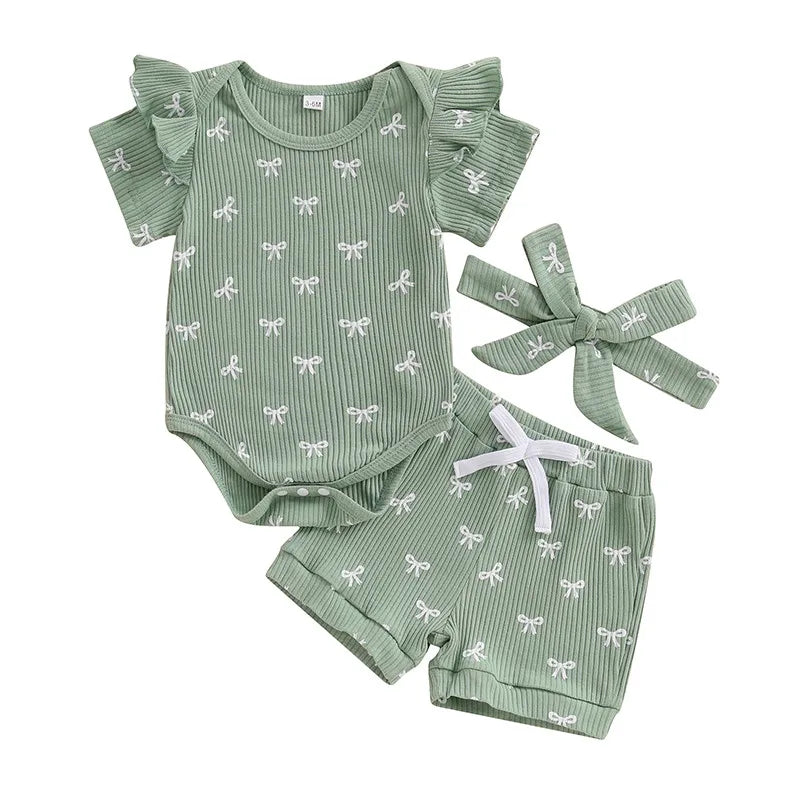 Conjuntos de verano para niña de 0 a 18 meses, pelele de manga corta con estampado de lazo, pantalones cortos de cintura elástica y diadema, conjunto de 3 uds.