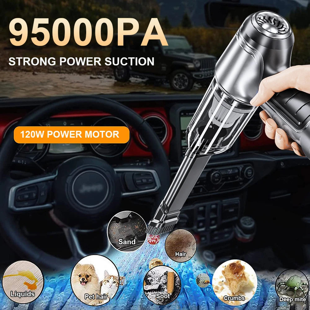 Aspirador de coche inalámbrico portátil, Mini limpiador de mano de succión fuerte de 95000PA, soplador de alta potencia para el hogar y el coche