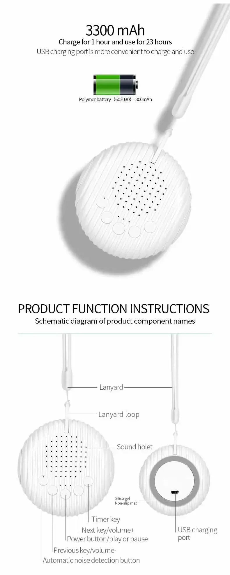 Máquina de Ruido Blanco para Bebés con 10 Sonidos Relajantes, Volumen Ajustable, Portátil, Batería Recargable Integrada